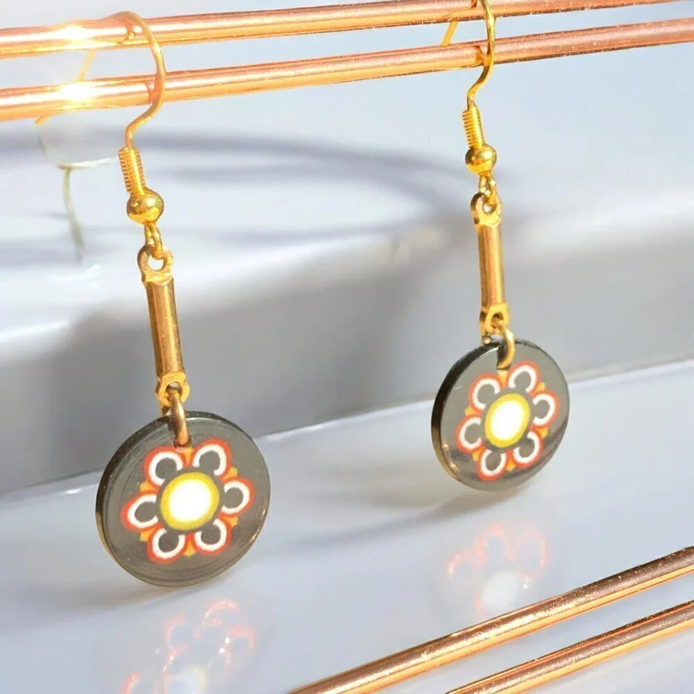Handmade Ceramic & Enamel Floral Dangle Earrings Black Red White Gold 925 Hooks